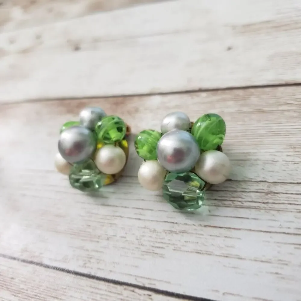Vintage Clip On Earrings - Cluster in Different Shades of Green 7/8